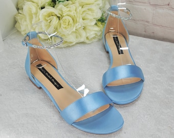 Sandalias de novia planas Something Blue, zapatos de boda con punta abierta y color personalizado