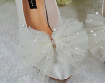 Clips de lazo de zapato - lazo nupcial de tul perla, broche para zapatos tacones bombas accesorio de boda hecho a mano, lazo de tul, rosa marfil