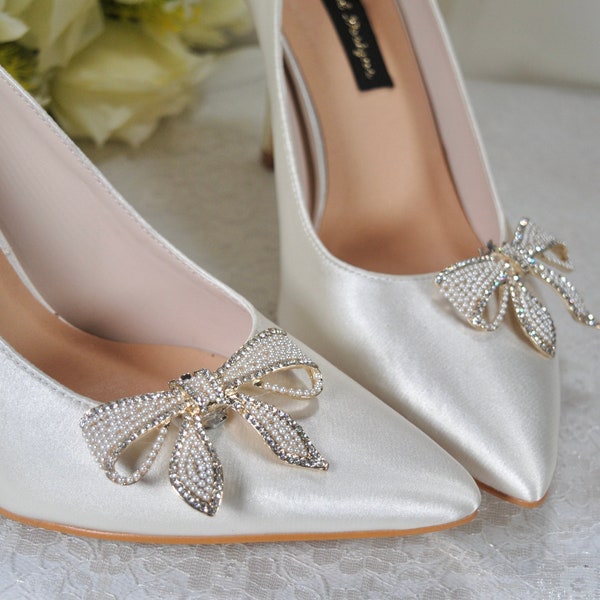 Pinces à chaussures, pince à chaussures de mariage, broche avec noeud en cristal et perles, accessoire chaussure de mariée, chaussures de mariage personnalisées pour la mariée