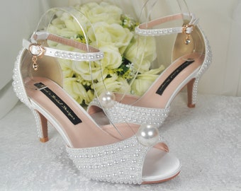 Pearl Bridal Sandals, Mid-Heel Ivory Wedding Shoes