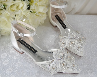 Ivory Lace Pointy Toe Flats with Large Pearl Appliqué - Bridesmaid Shoes, Women Wedding Shoes