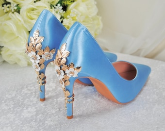 Beautiful Blue Wedding Shoes with 'Cherry Blossom', Embellished Bridal Shoes, Wedding Heels for Bride