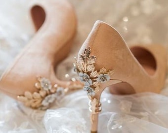 Colour of the Year Peach Bridal Shoes with Floral Heel Embellishment, Vegan Suede Wedding Shoe for Bride Bridesmaid