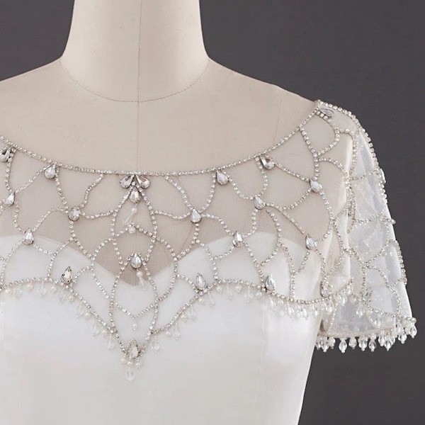 IN STOCK - Crystal Embellished Bridal Cape, Wedding Dress Cover Up, Bolero Shrug Veil Alternative for Bride