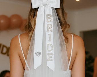 Bride Hair Bow Veil: Satin Bow & Pearl Letter - Bridal Accessory