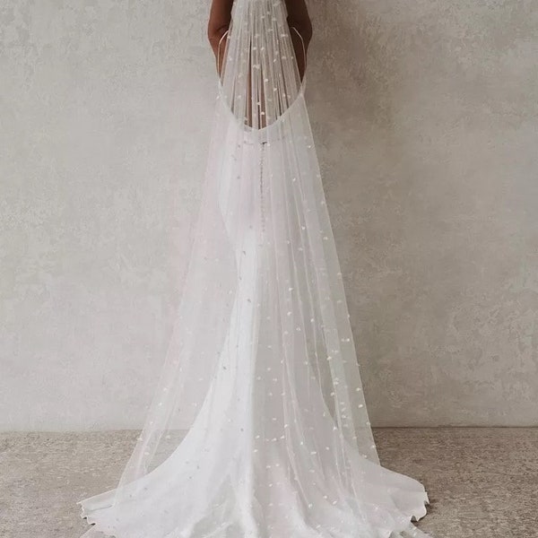 Wedding Pearl Veil,Soft Bridal Tulle Veil with Comb,Floor Length Veil,Chapel Bridal Fingertip Veil,Cathedral Veil,Ivory White Veil,75-500cm