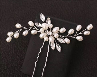 Simple Silver Pearl Bridal Hair Pin