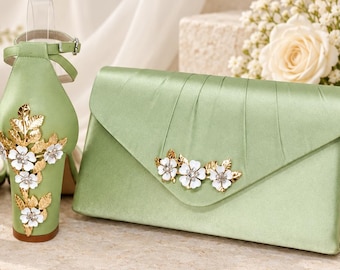 Sage Green Satin Clutch: Handmade 'Cherry Blossom' Wedding Purse