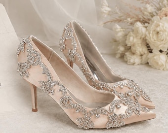 Champagne Gold Satin Heels with Swarovski Crystal Details