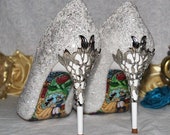 Designer Wedding Shoes, Glitter with Metal Leaf Detailing. Beautiful Bridal Heels Handmade with Beauty the Beast Soles - Various Colours