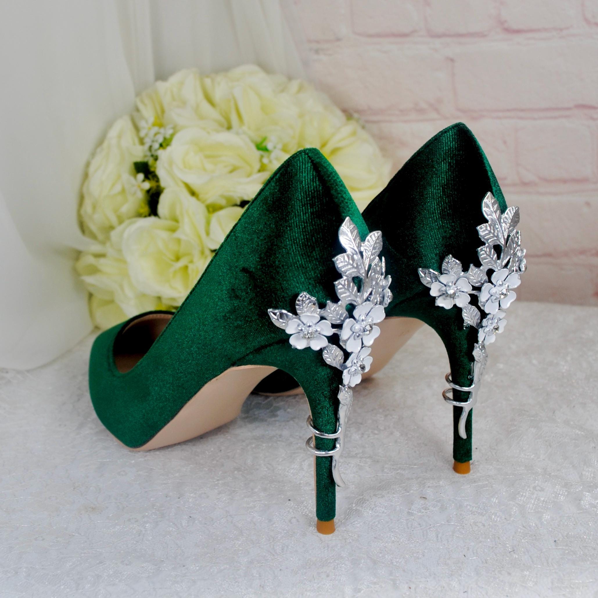 Emerald Green Velvet Heels: Silver Cherry Blossom Bridal Shoes