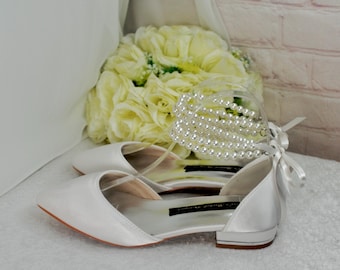 Ivory Satin Bridal Flats: Pointed Toe Wedding Shoes Pearl Ankle Strap