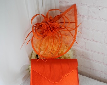 Orange Satin Clutch Bag and Fascinator Set, Handmade Bridal Hatinator