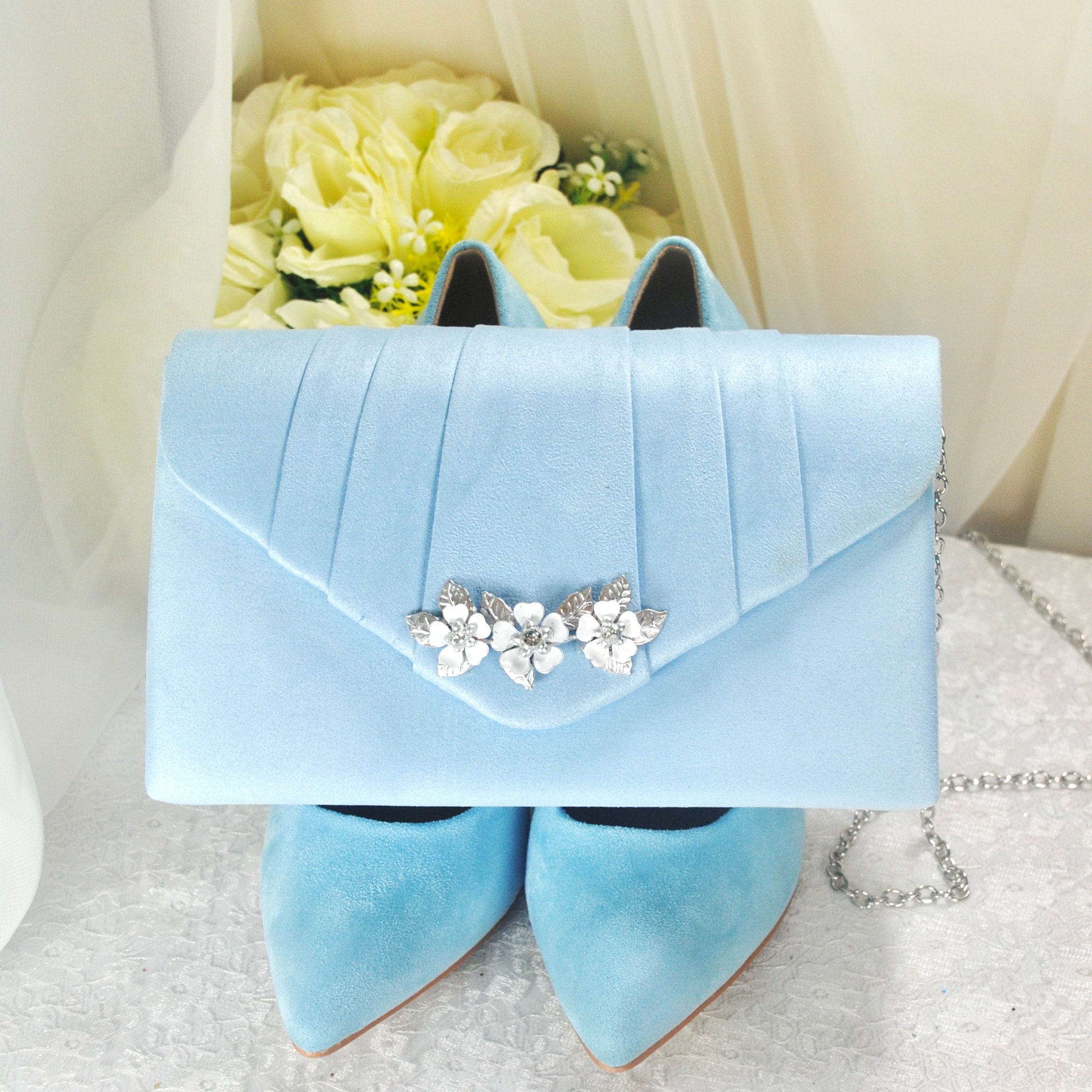 Light Blue Vegan Suede Clutch Bag With Cherry Blossom Floral Embellishment Etsy
