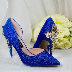 Blue Bridal Heels with Gold Floral Heel Embellishments, Something Blue Wedding Shoes, Handmade Shoe for Bride Bridesmaid Hen Do Engagement