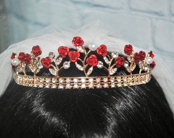 Gold & Red Rose Bridal Tiara, Beauty and the Beast Inspired Wedding Crown