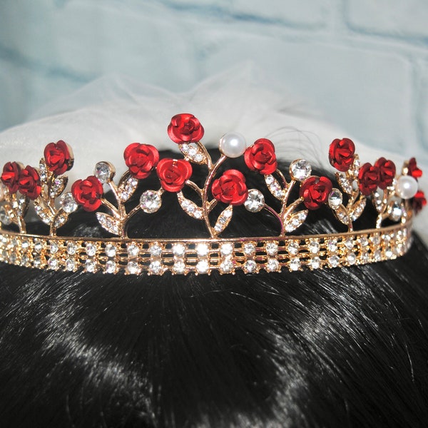 Gold & Red Rose Bridal Tiara, Beauty and the Beast Inspired Wedding Crown
