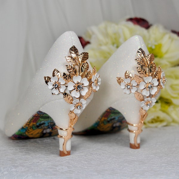 Low Heel Wedding Shoes with 'Cherry Blossom', Ivory Wedding Shoes, Embellished Bridal Shoes, Wedding Heels for Bride