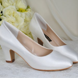 Bridal White Classic Block Heels: All Day Comfort Wedding Shoe