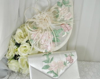 Ivory & Pink Fascinator Hat and Clutch Bag Set: Floral Embroidered Bridal Hatinator
