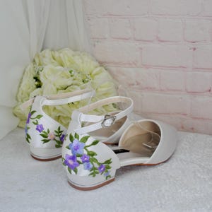 Ivory Satin Bridal Sandals with Floral Embroidery, Wedding Shoes with Ankle Strap, Flat Bridal Shoes