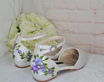 Ivory Satin Bridal Sandals: Floral Embroidery, Ankle Strap, Flat Wedding Shoes
