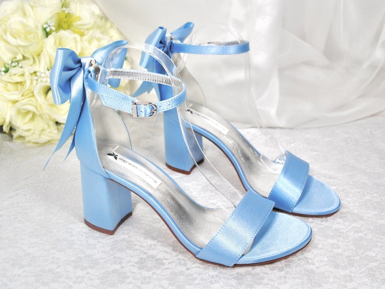 Blue Satin Block Wedding Heels 