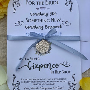 Recuerdo de boda Sixpence 'Algo viejo, nuevo...' Moneda de zapato del día de la boda de la novia. Auténtico recuerdo de seis peniques de plata y poema. Regalo perfecto. imagen 6