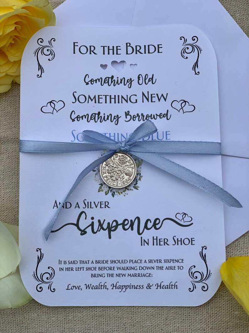 Recuerdo de boda Sixpence 'Algo viejo, nuevo...' Moneda de zapato del día de la boda de la novia. Auténtico recuerdo de seis peniques de plata y poema. Regalo perfecto. imagen 6