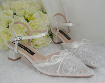 White Lace Bridal Sandals, Vintage Block Heel Wedding Heels Shoes for Bride Bridesmaid Hen Do Engagement Party