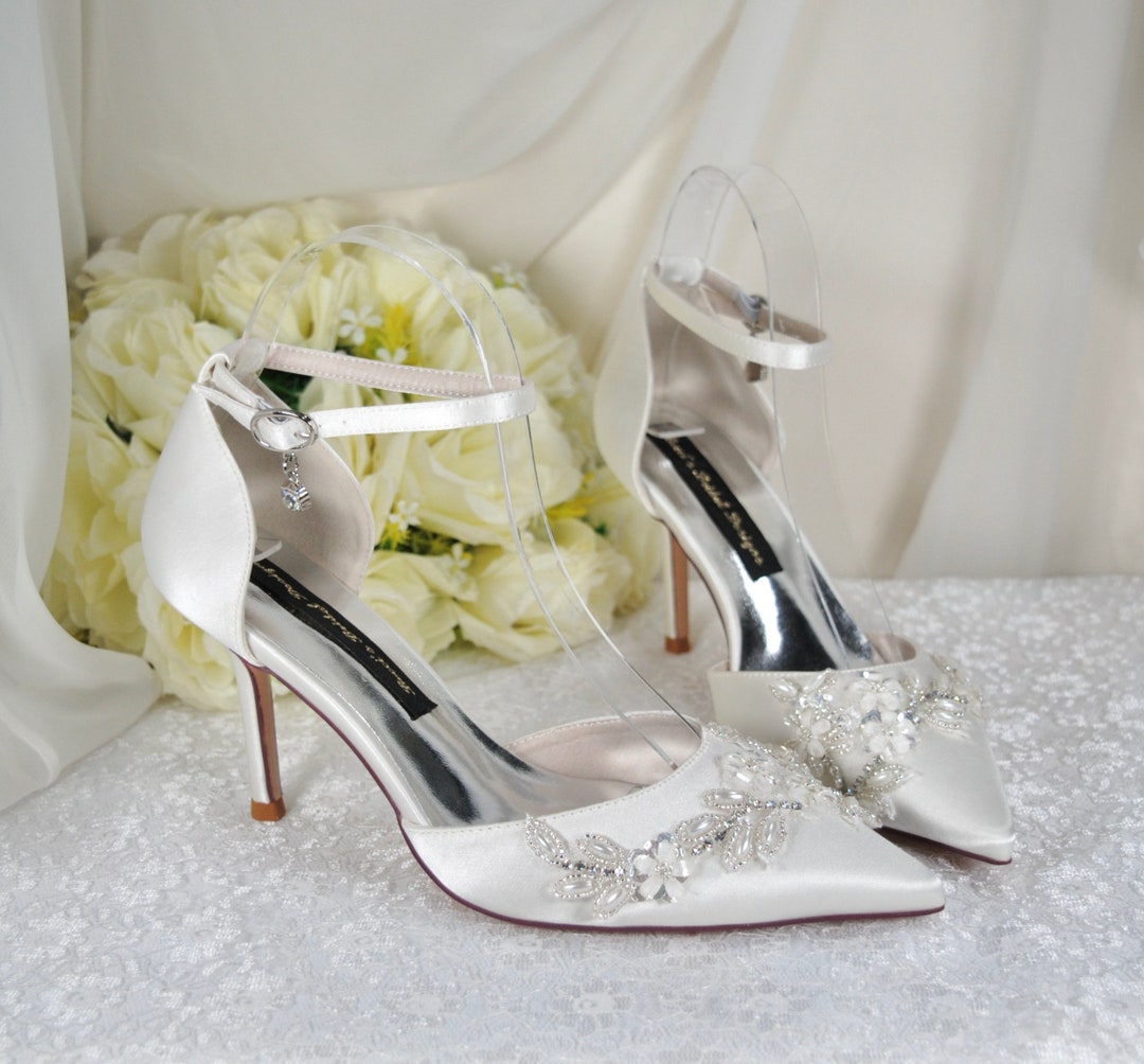 Ivory Wedding Sandals Beaded Satin Bridal Shoes With Ankle Strap Etsy — free download