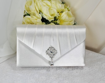 IN STOCK - Ivory Satin Clutch Bag with Crystal Embellishments, Wedding Purse, Box Clutch, Bridal Bag, Evening Bag, Bridesmaid Handbag