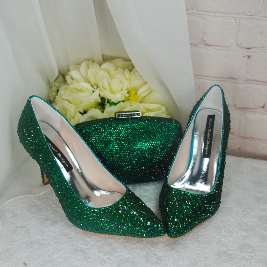 Emerald Green Rhinestone Wedding Heels with Clutch: Handmade Bridal Shoes
