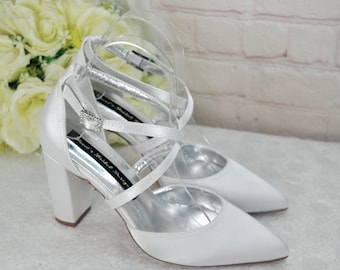 White Ivory Wedding Sandals Block Heels Bridal Shoes for Bride, Bridesmaids with Straps Shoe