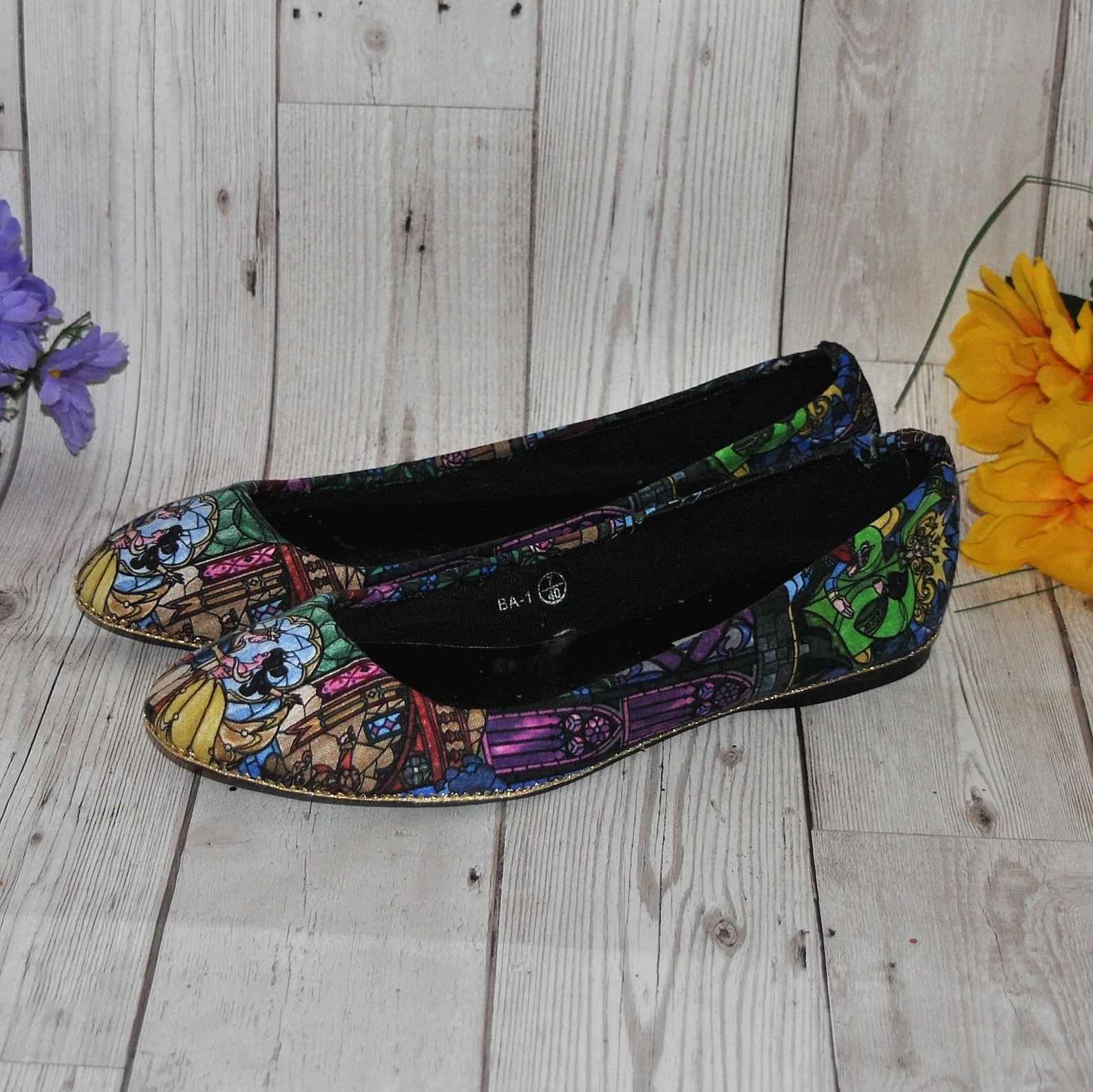 beauty and the beast stained glass fabric ballet flats and clutch bag - wedding party bridesmaid shoes