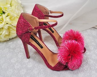 Stunning Pink Glitter Sandals, Fun Stiletto Heels with PomPom, Magenta Wedding Shoes, Women's Bridal Shoes, Bridesmaid Heels