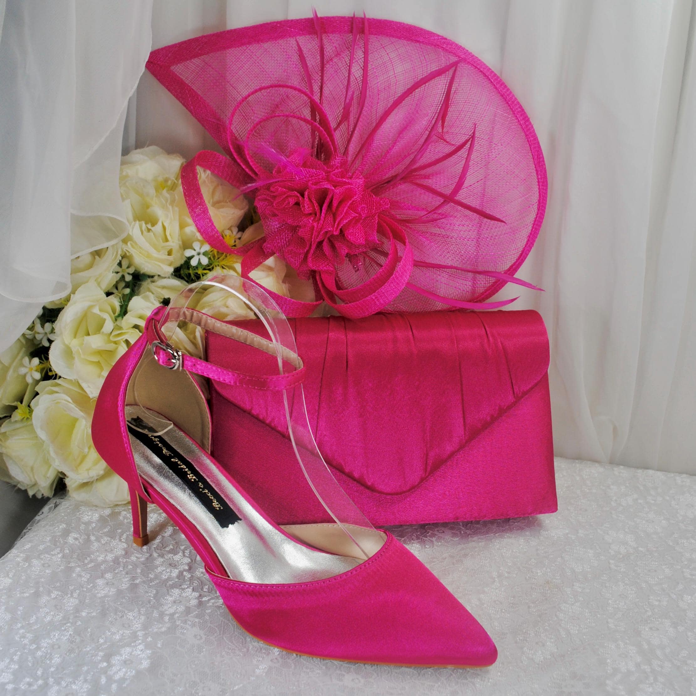 Handmade Fuchsia Pink Satin Bridal Set: 3inch Heels, Clutch