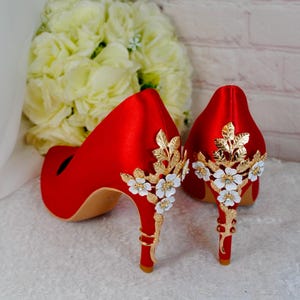 Red Satin Bridal Heels: Handmade Cherry Blossom Wedding Shoes
