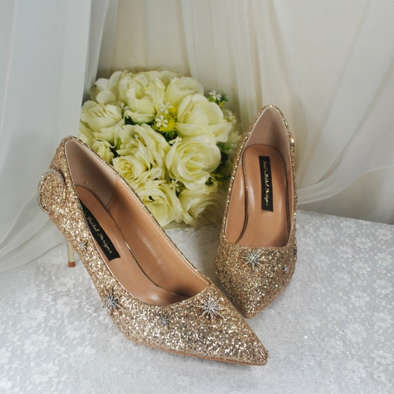 Gold evening shoes with rhinestones hotsell