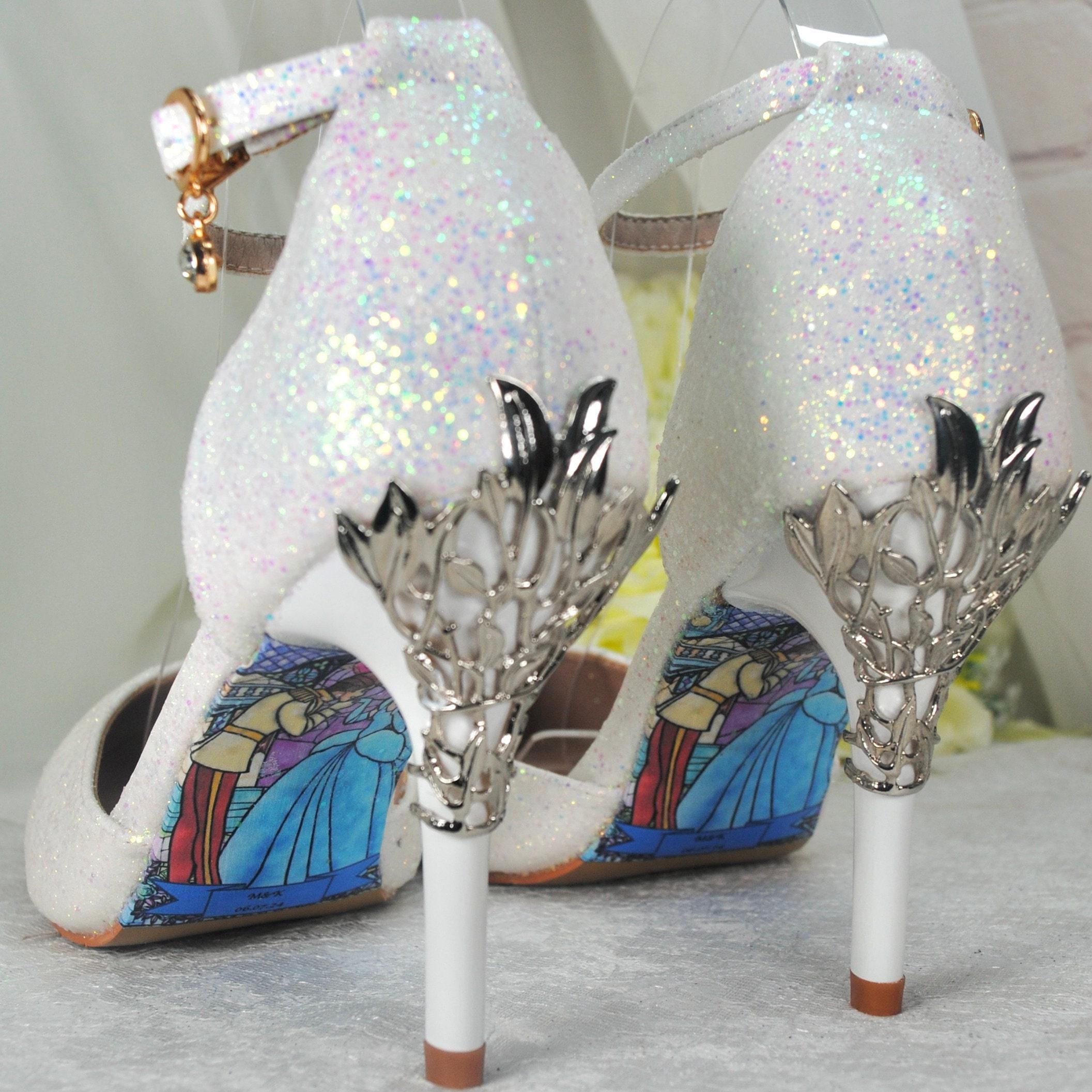 Bridal White Glitter Sandals: Cinderella Shoes with Silver Vine Heel