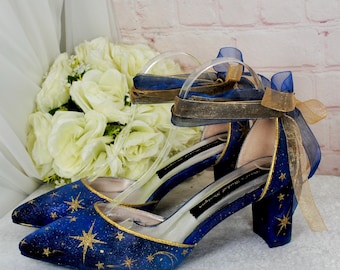Blue Satin Celestial Wedding Shoes: Hand-Painted Galaxy Bridal Block Heels
