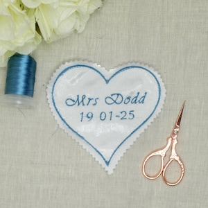 Sew On Wedding Dress Patch Something blue Custom Patch Personalised Wedding Label Bride Something Blue Wedding Heart