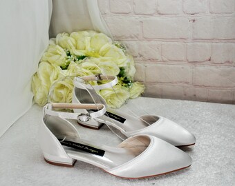Ivory White Satin Bridal Flats: Handmade Ankle Strap Bride Shoes