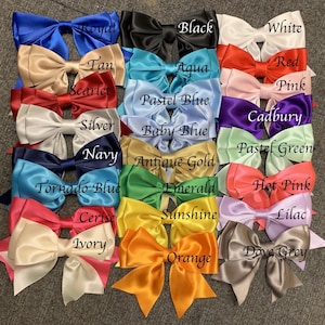 May include: A collection of 20 satin ribbon bows in various colors, including royal blue, black, white, tan, red, aqua, scarlet, pink, pastel blue, silver, navy, antique gold, tornado blue, emerald, hot pink, cerise, sunshine, lilac, ivory, and orange. The bows are arranged in rows and labeled with their corresponding colors.