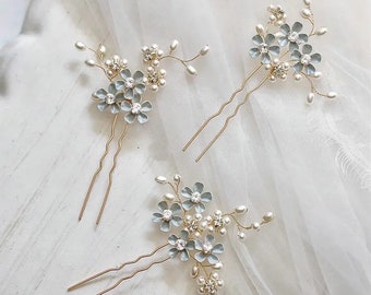 Forget me not hairpins, 'Something Blue' Set of 3, Bridal pearl hair pins, wedding flower bobby pins, bride hair combs, wedding accessories