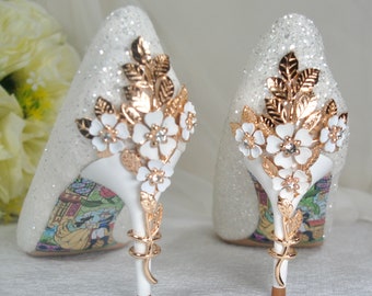 Beautiful Wedding Shoes with 'Cherry Blossom', 7cm Heel, Embellished Bridal Shoes, Wedding Heels for Bride