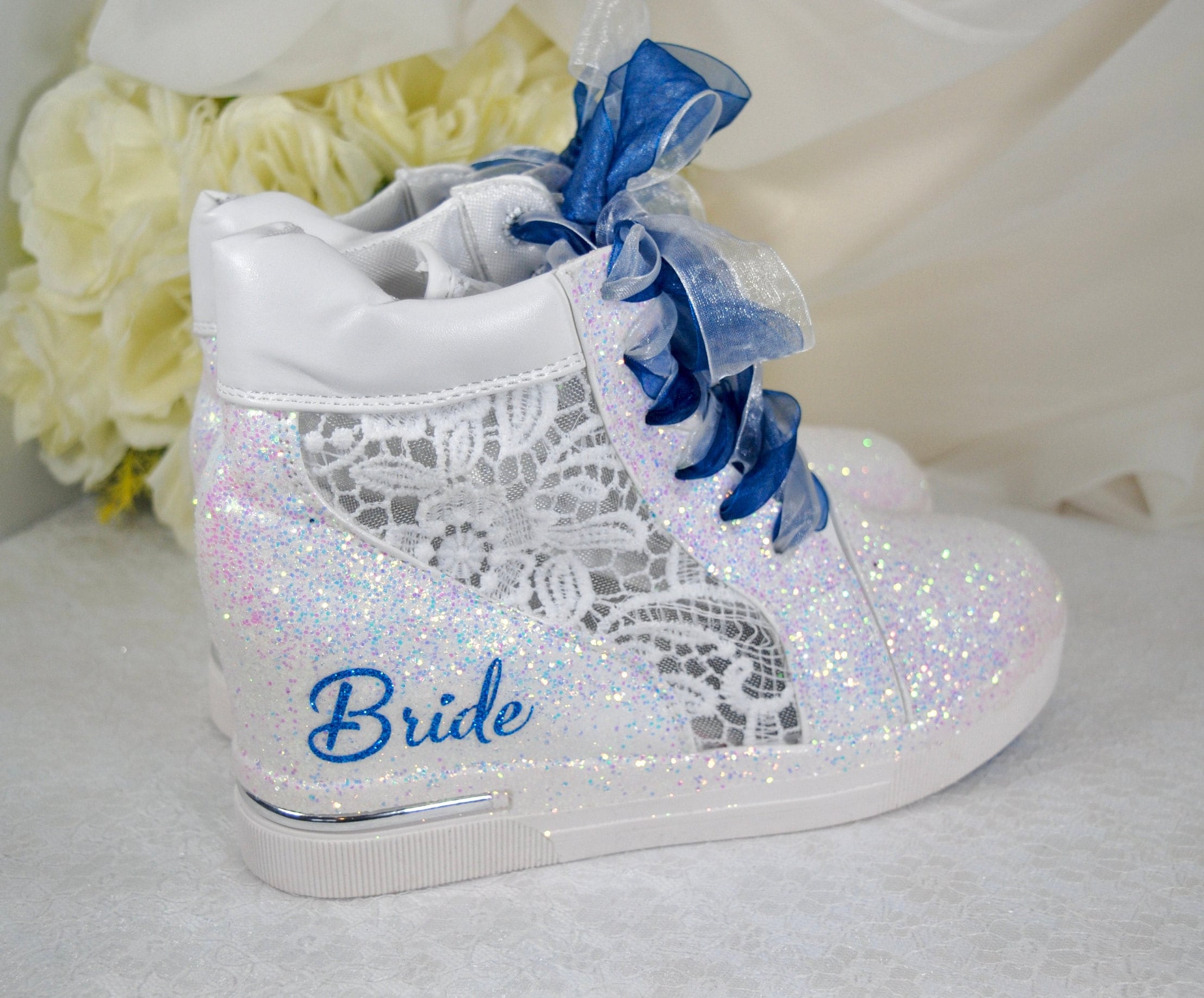 Something Blue Glitter Bridal Wedge Trainers: Iridescent White