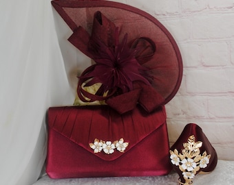 Burgundy Red Satin Bridal Set: Heels, Clutch & Fascinator