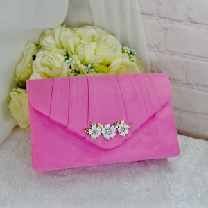 Rosa Wildleder Clutch Tasche mit 'Kirschblüte' Verschönerung, Hochzeit Geldbörse, Box Clutch, Brauttasche, Abendtasche, Brautjungfer Handtasche Fuchsia