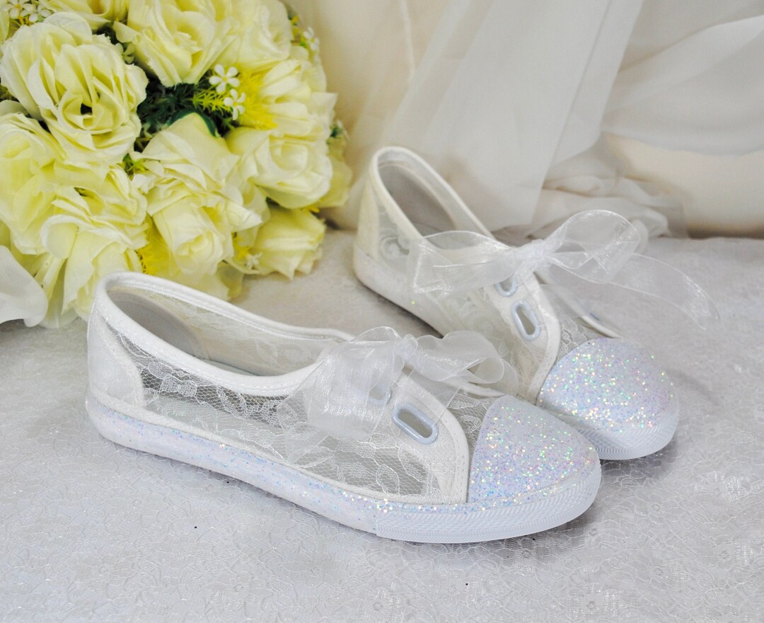 Beautiful Lace White Glitter Bridal Shoes Flat Wedding Trainers ...